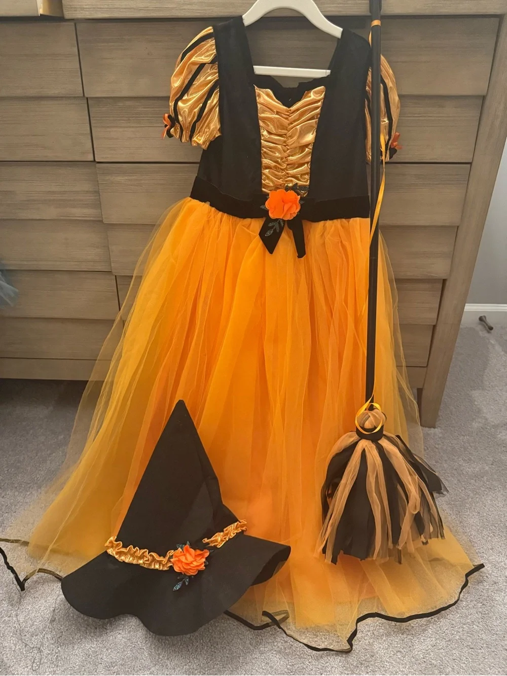 Girls Orange and Black Witch Costume Dress with Hat and Broom